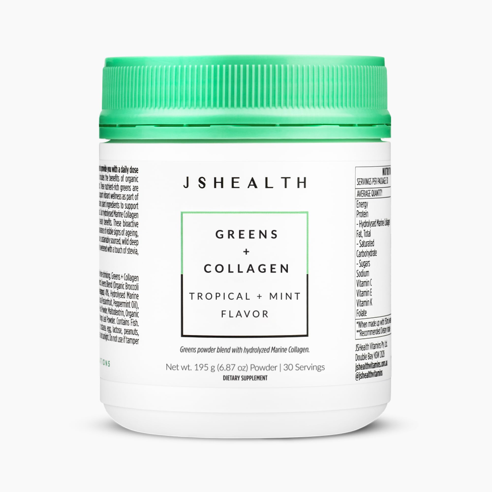 JSHealth Super Greens Powder tub front view highlighting greens blend for daily wellness.