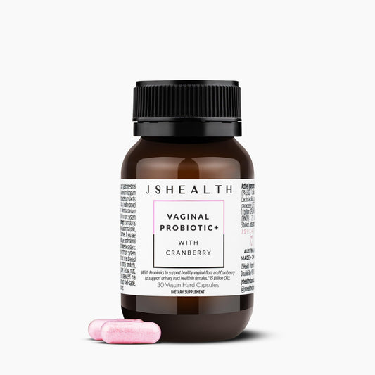 JSHealth Vaginal Probiotic Bottle in a clean, shelf-stable packaging.