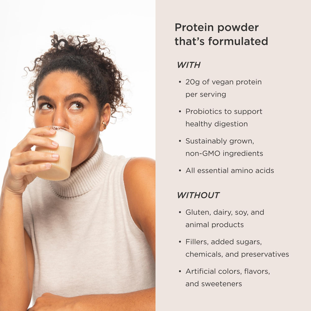 JSHealth vegan pea protein powder in vanilla bean flavor blends easily into milk.
