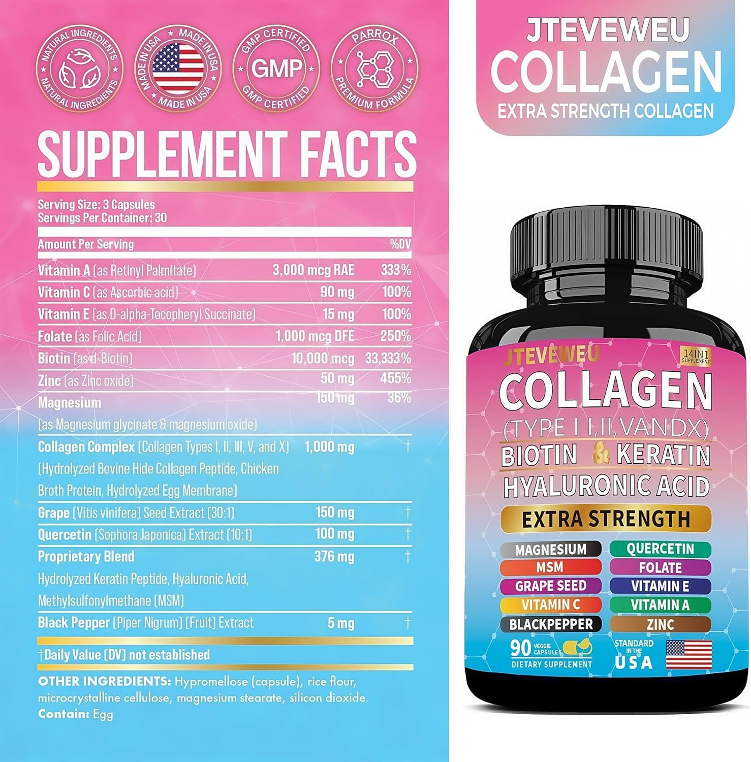 JTEVEweu collagen capsules closeup showing easy-to-swallow form
