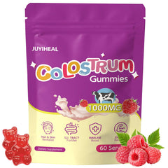 JUYIHEAL Colostrum Gummies bottle with raspberry flavor for daily gut support.