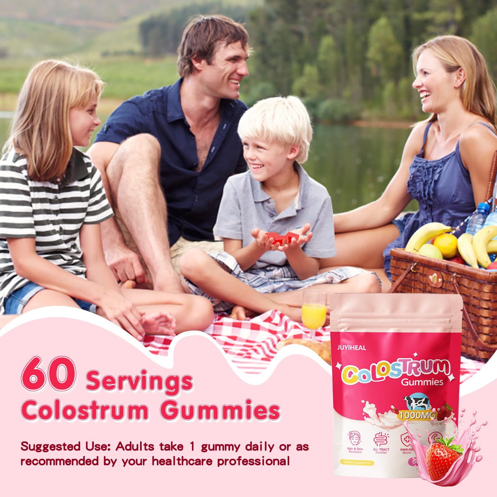 JUYIHEAL Colostrum Gummies closeup texture showcases soft chew and easy consumption.