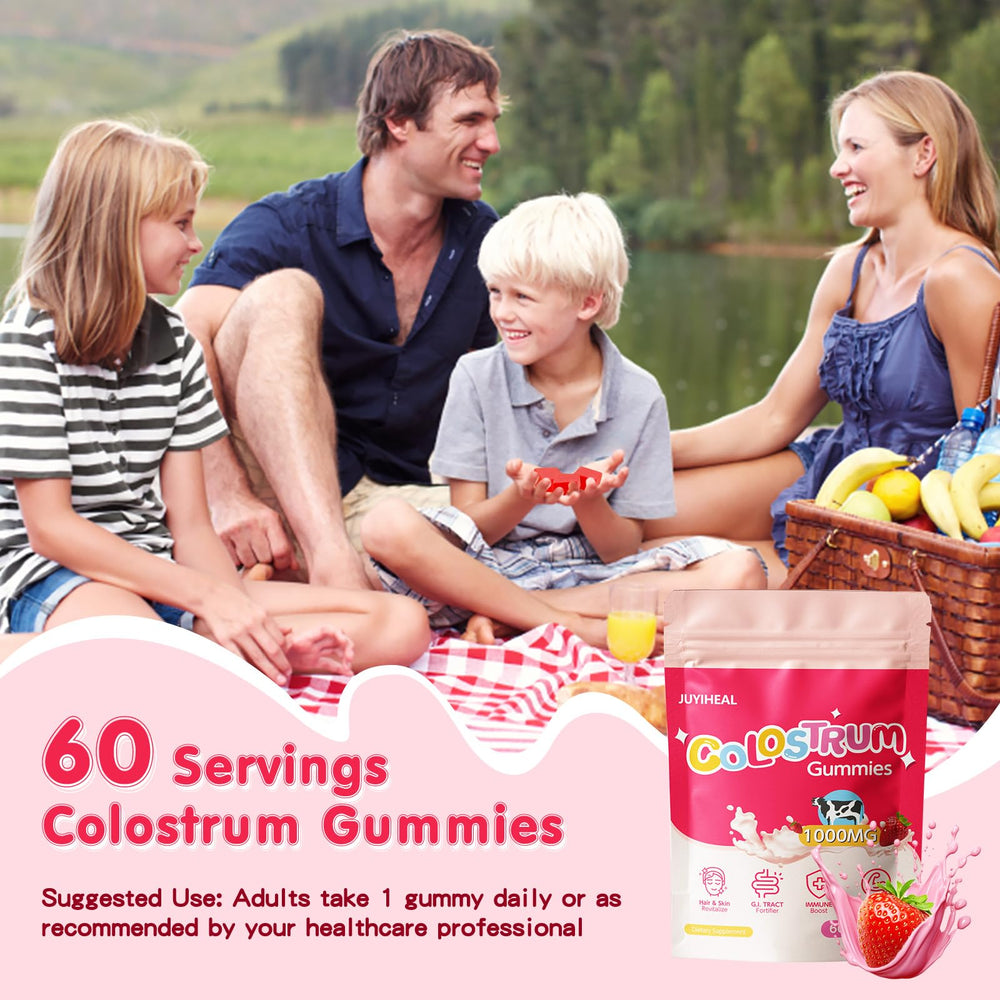 JUYIHEAL Colostrum Gummies closeup texture showcases soft chew and easy consumption.