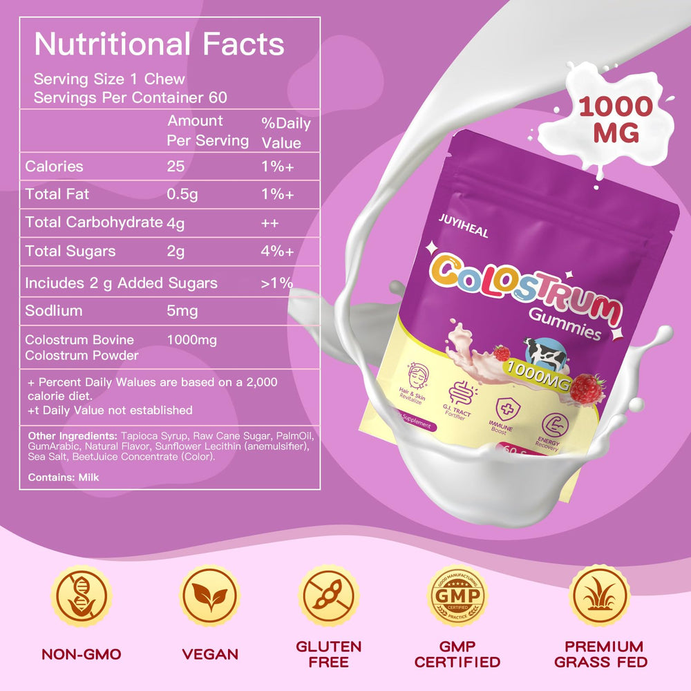 Close-up of JUYIHEAL raspberry colostrum gummies for easy daily use.