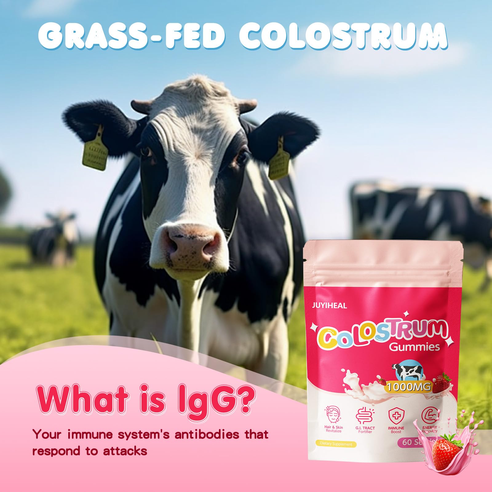 JUYIHEAL Family-use colostrum gummies depicted implies safe, versatile use for all ages.