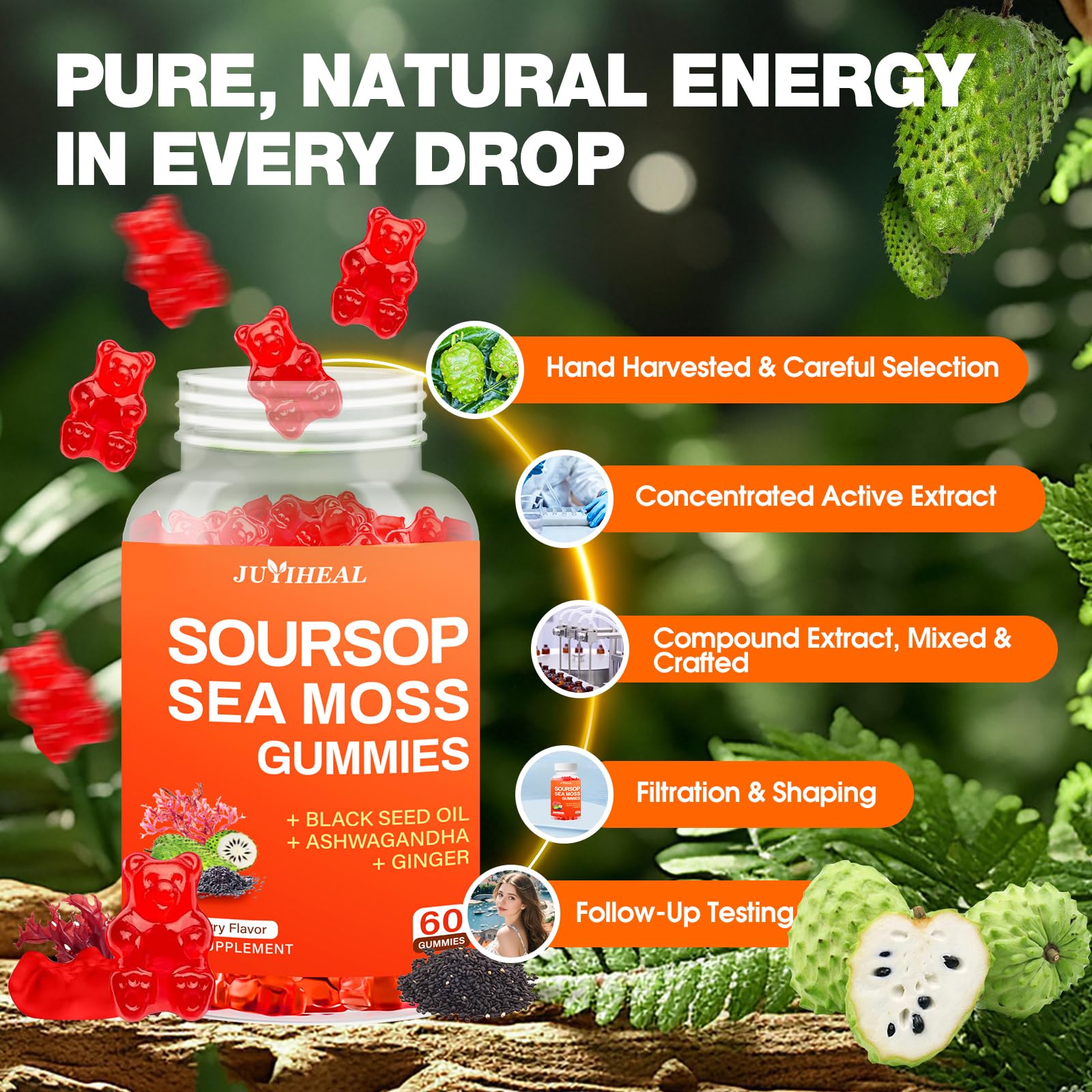 JUYIHEAL turmeric and spirulina close-up on gummies