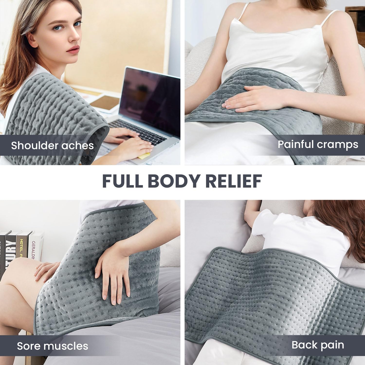 Jubeoyey heating pad size 33 by 17 inches covers large areas.