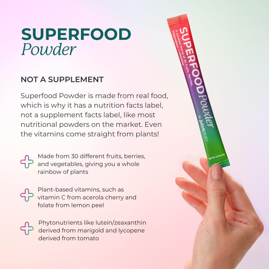 Juice Plus+ 30-stick box highlights portable nutrition for travel and workouts.