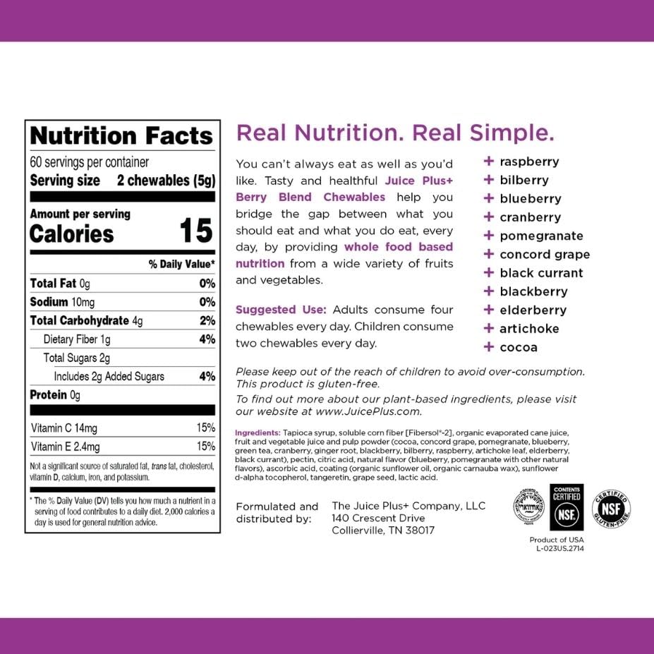 Juice Plus+ Berry Blend open-pack with chews spilled inviting daily indulgence.