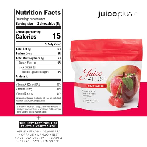 Juice Plus+ Fruit Blend Soft Chews whole-food ingredients preserve nutrients from peels, leaves, seeds.