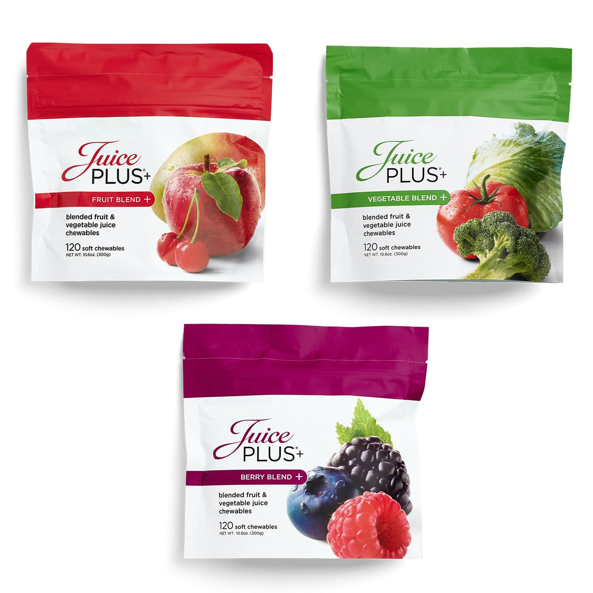 Juice Plus+ soft chews packaging shows convenient on the go nutrition.
