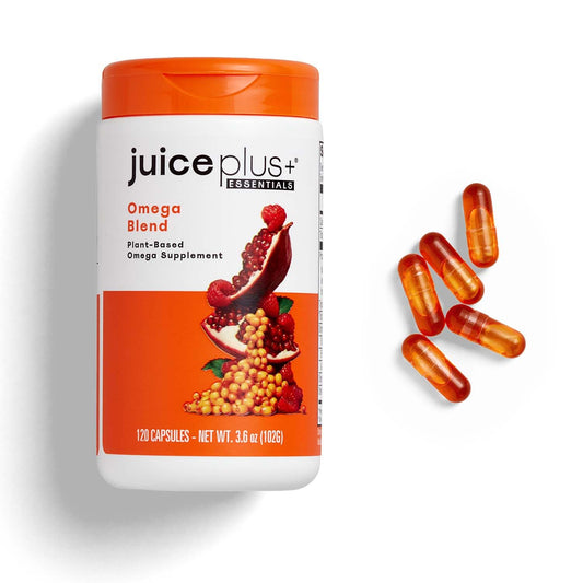 Juice Plus+ Omega Blend bottle showing vegan algae-based omega-3 formula for brain and vision support