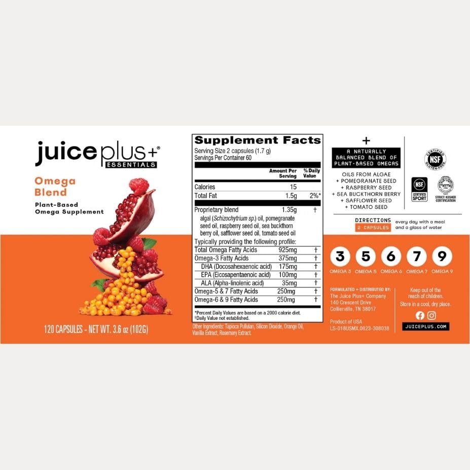 Juice Plus+ Omega Blend bottle on kitchen counter during morning routine
