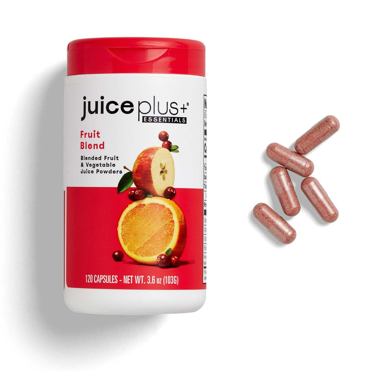 Juice Plus+ Fruit Blend with apples, showcasing natural vitamins for daily vitality.