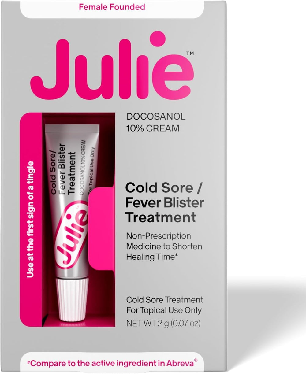 Julie Cold Sore Treatment tube front view for quick on-the-go relief.