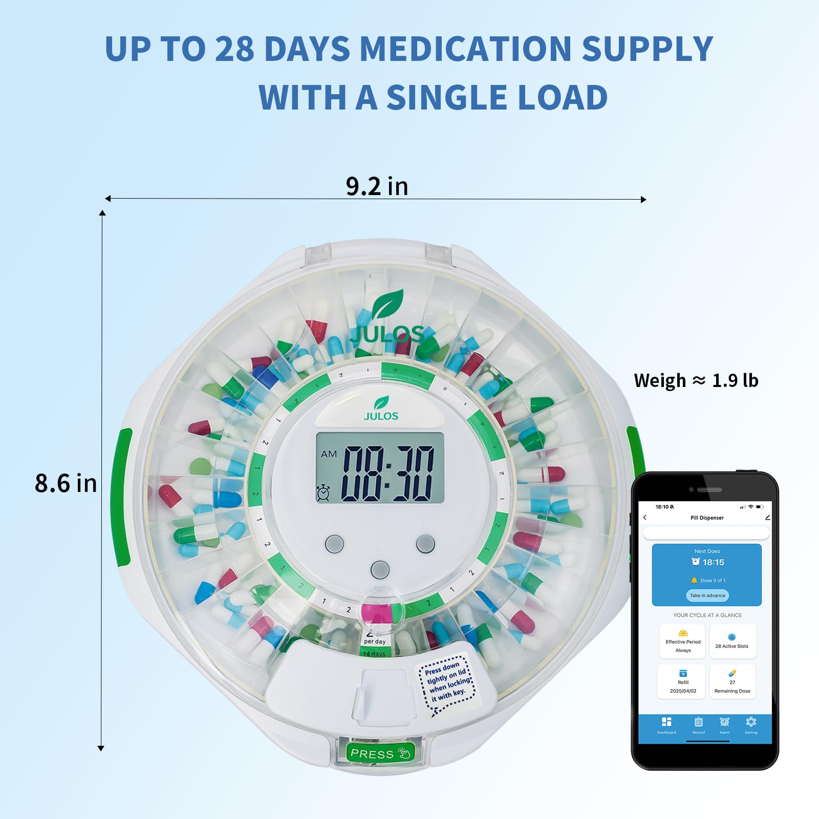 JULOS 9-alarm daily organizer guides you to take medications on schedule.