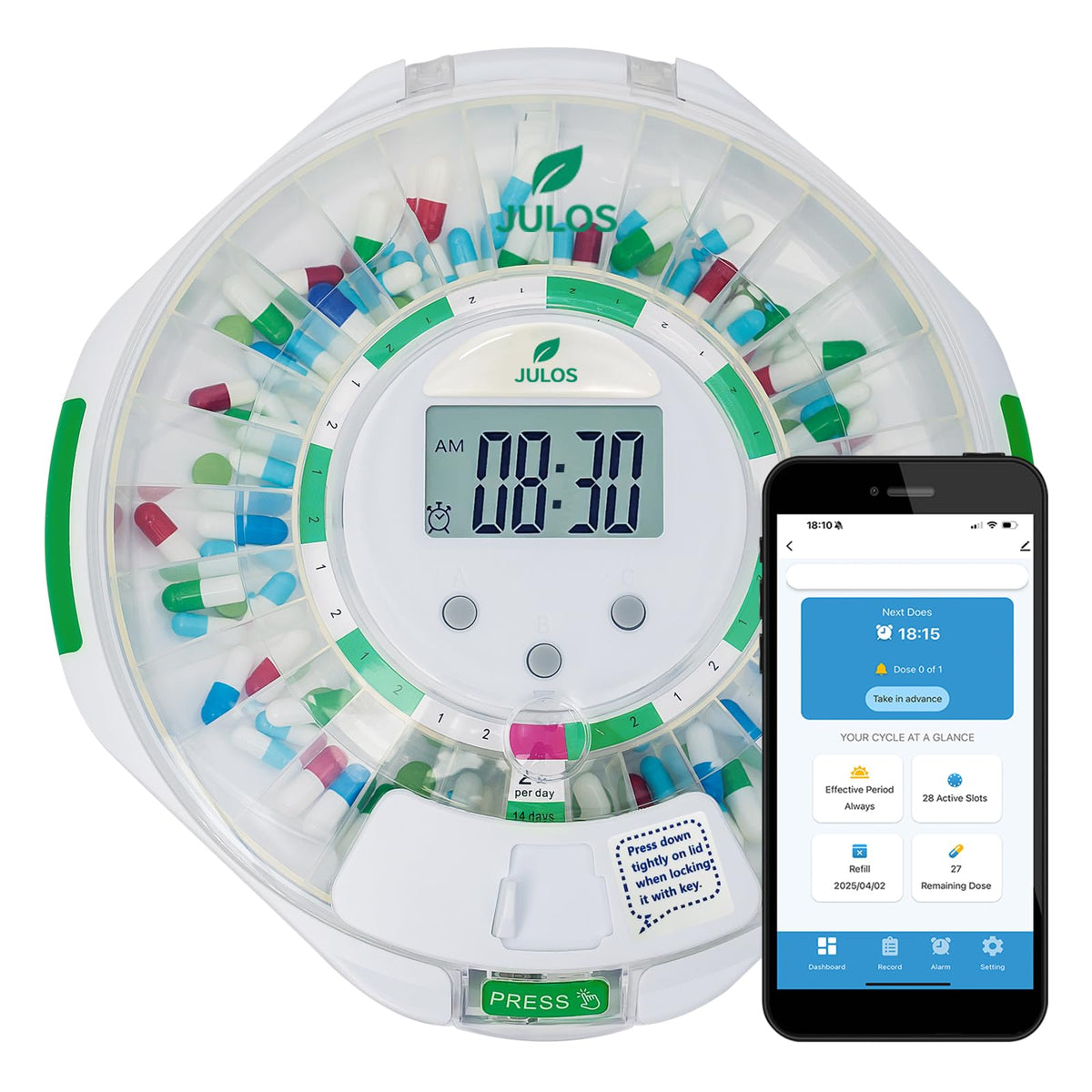 JULOS Bluetooth pill dispenser with lock keeps pills secure and organized.