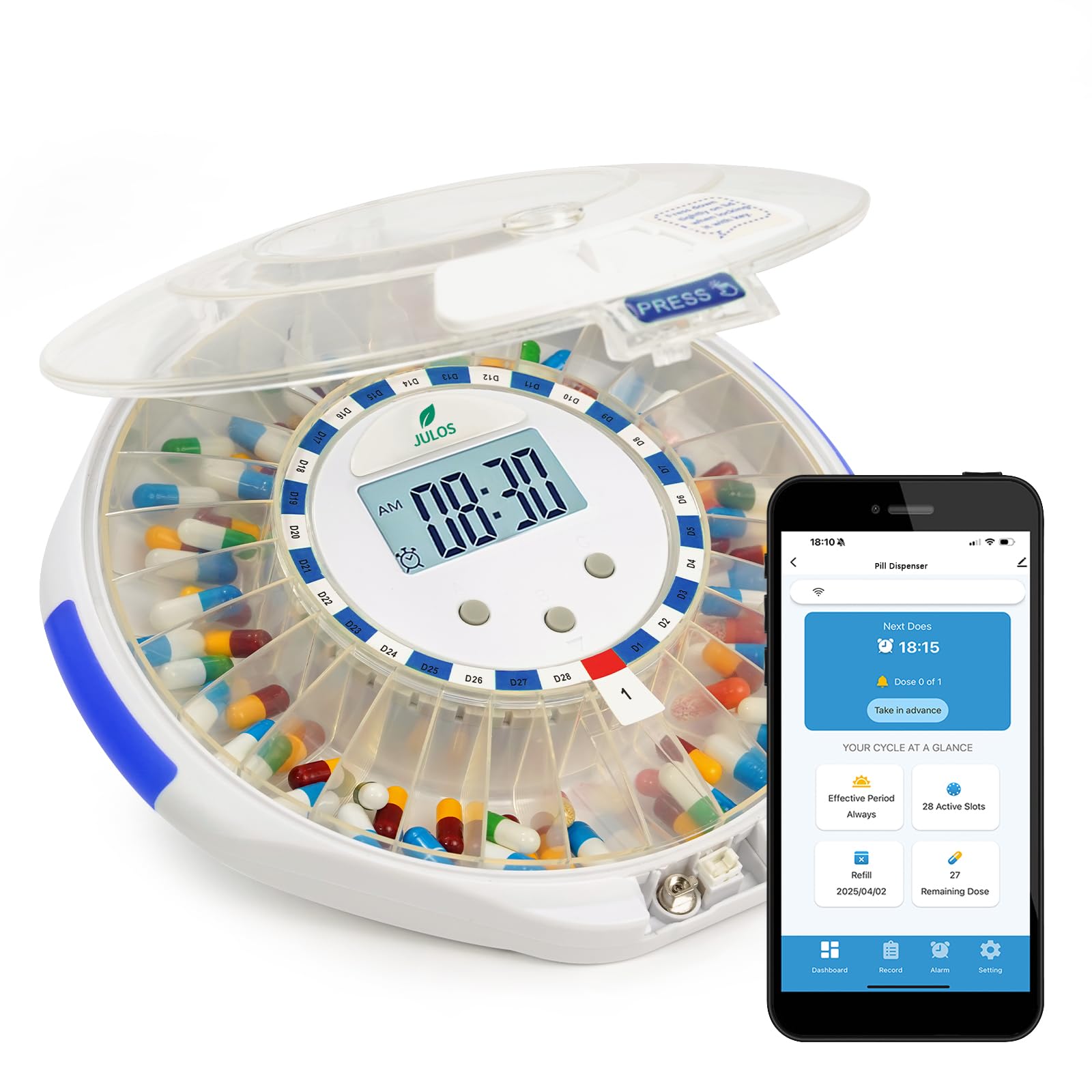 JULOS Bluetooth pill dispenser with secure lid for spill-proof daily dosing.