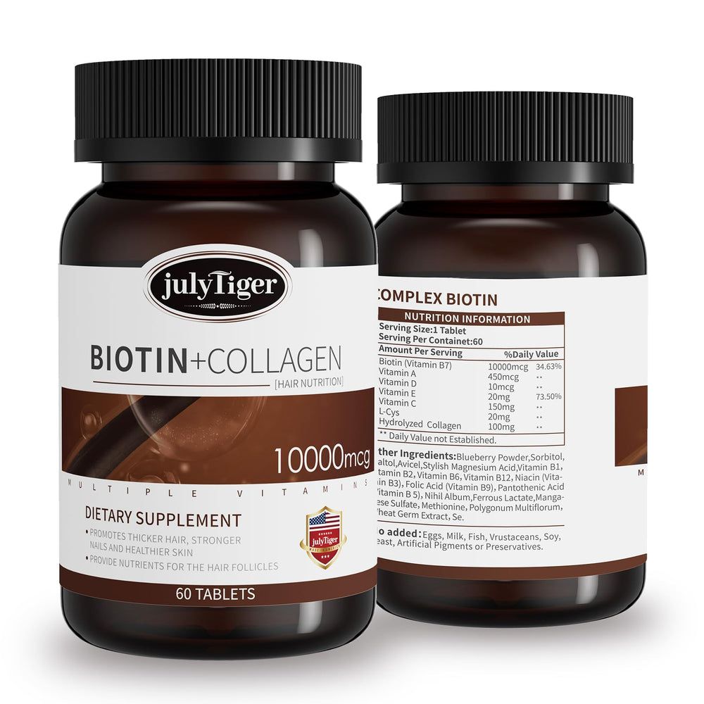 Julytiger Biotin capsules support healthy hair, skin, and nails for daily vitality