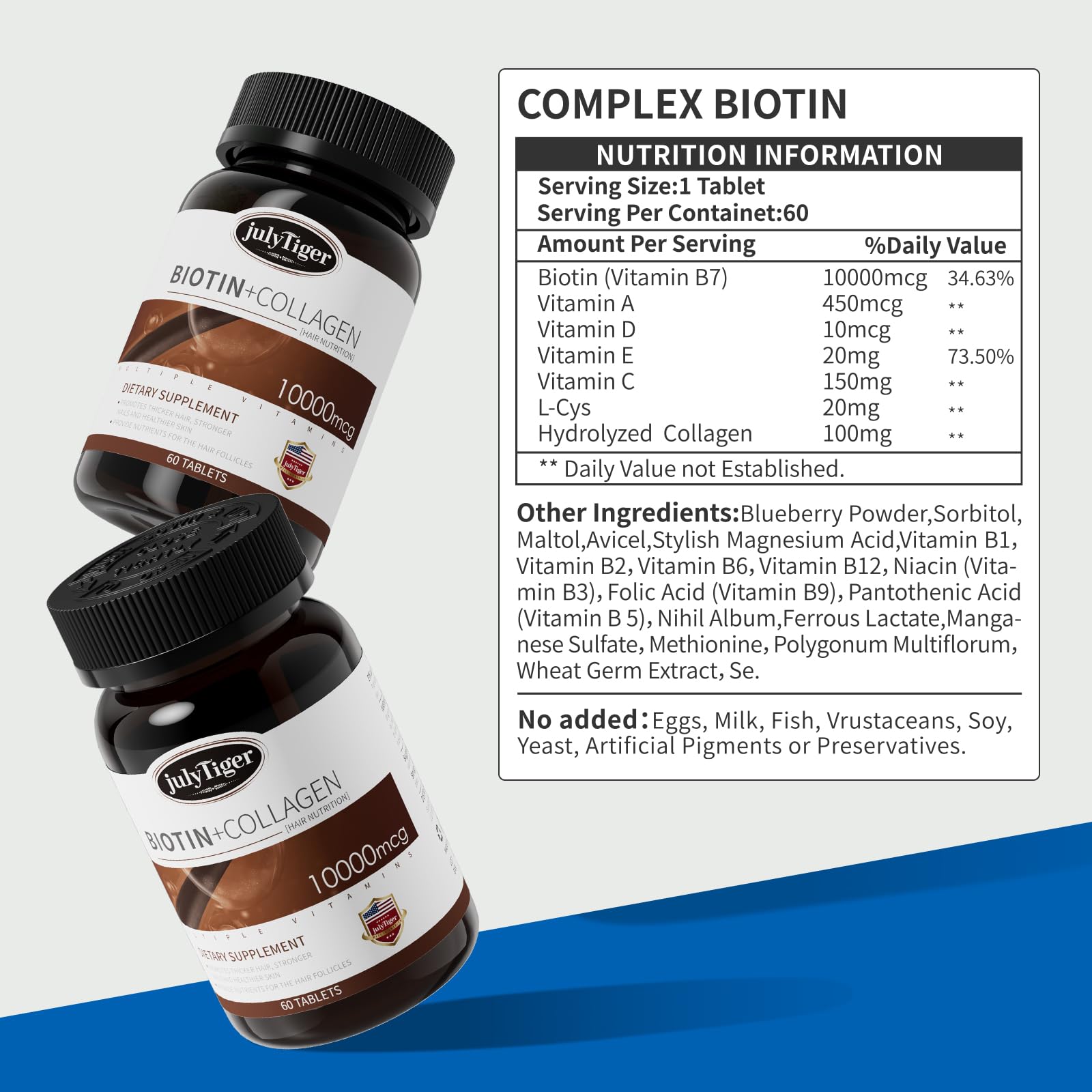 Julytiger Biotin with collagen bottle close-up promoting youthful skin and strong nails