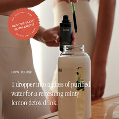 Closeup of Juna Chlorophyll Drops bottle highlighting 3X potency and clean ingredients.