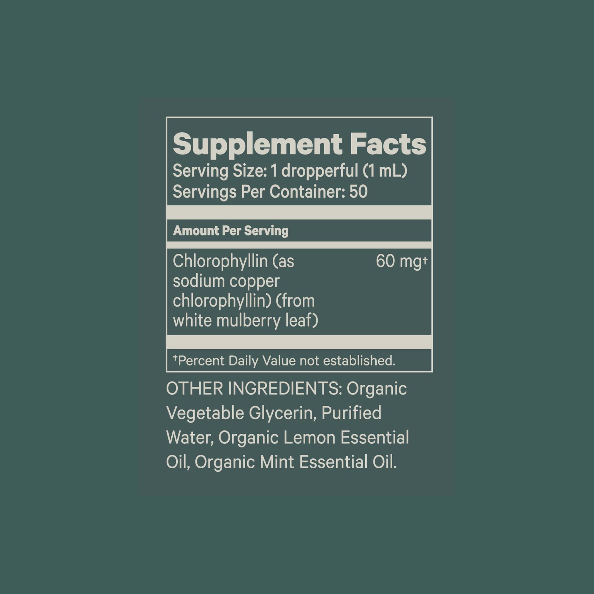 Label highlighting ingredients and quality for Juna Chlorophyll Drops.