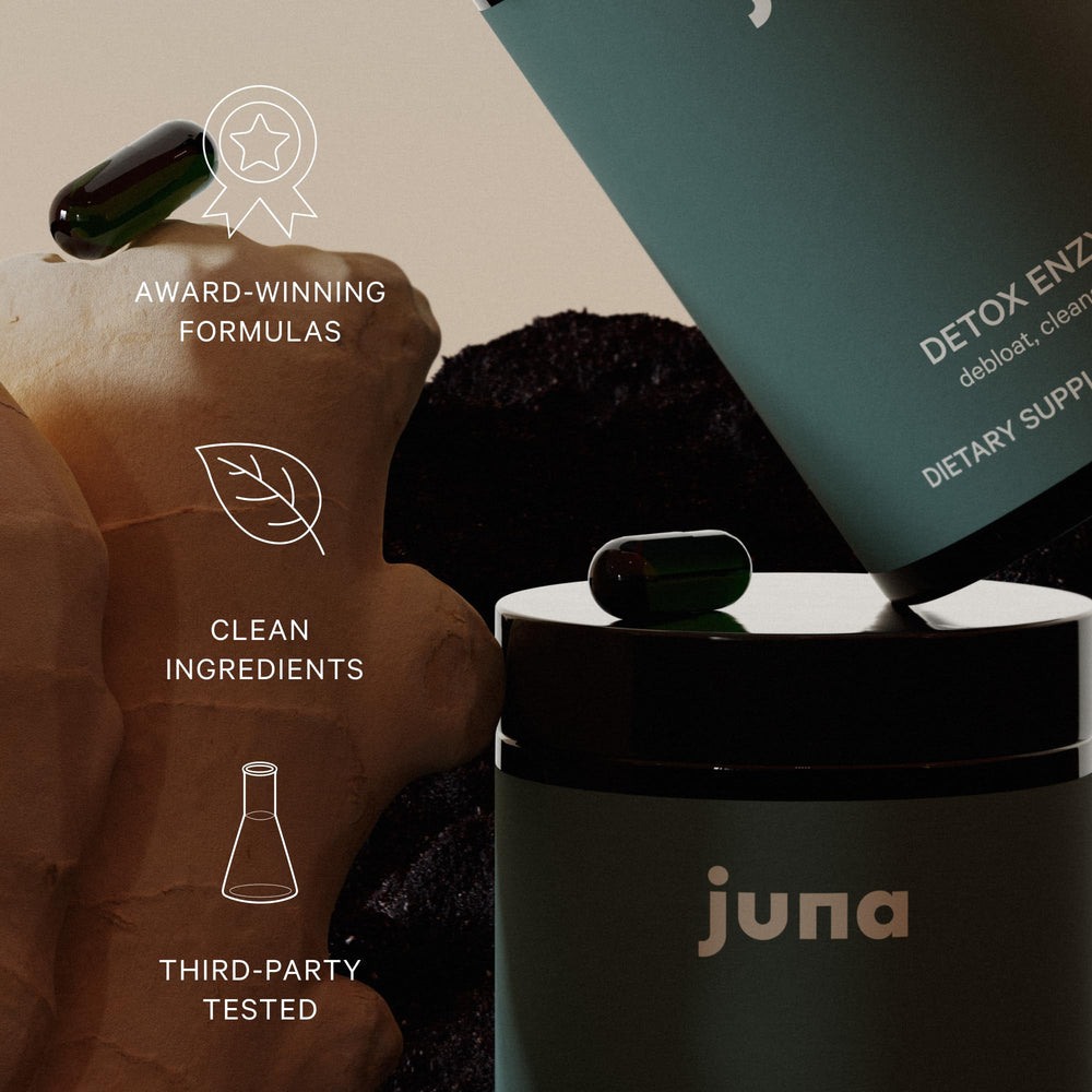 Juna Digestive Enzymes Probiotic botanicals closeup highlights ginger and fennel