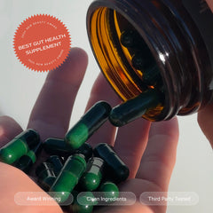 Juna Gut Therapy bottle with glass of water conveys on-the-go compatibility.