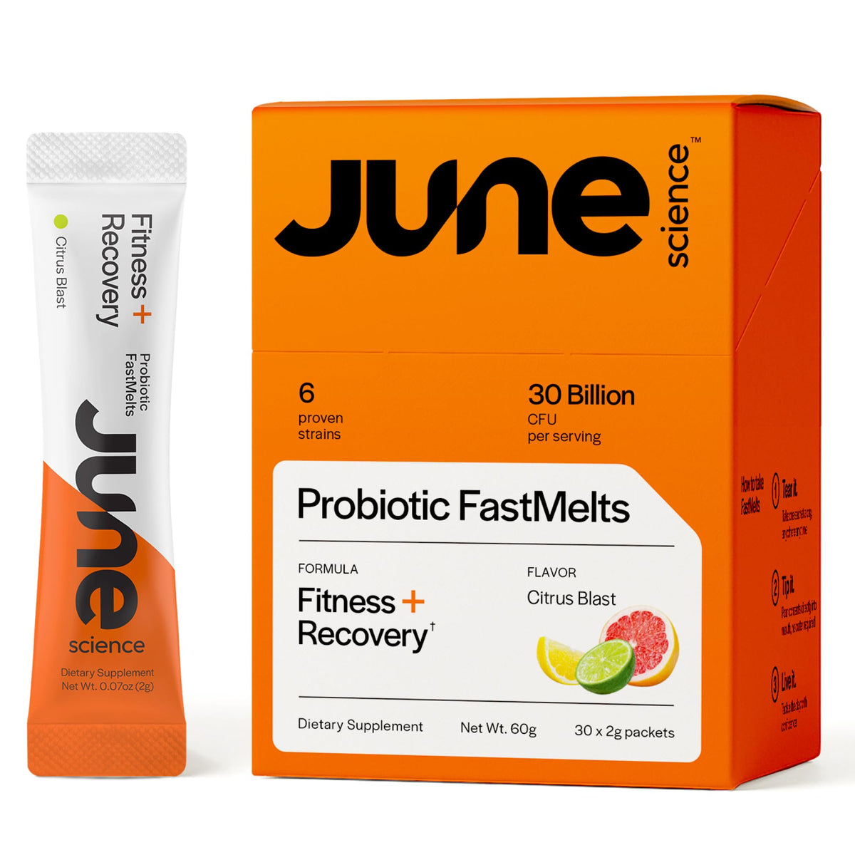 June Science Fitness + Recovery fast-melt sachet ready to dissolve for workouts.