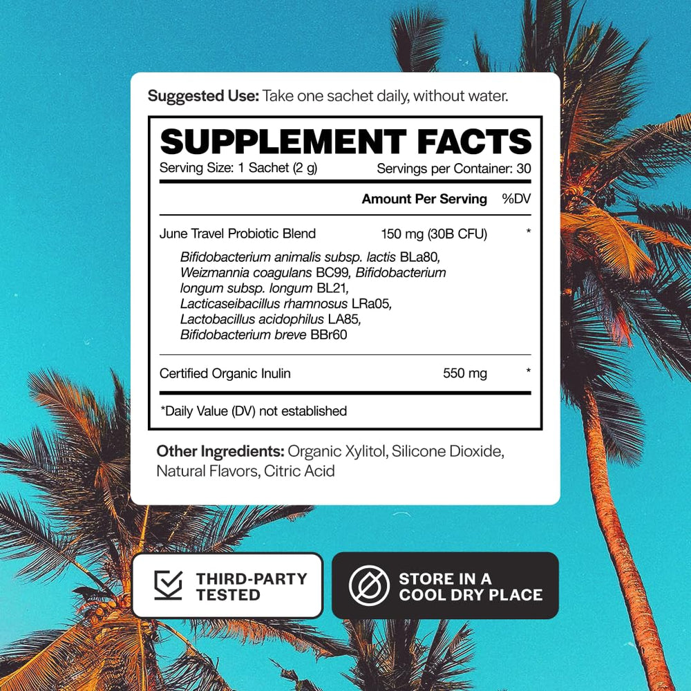 June Science Travel + Defense shelf-stable probiotics ideal for trips and delays