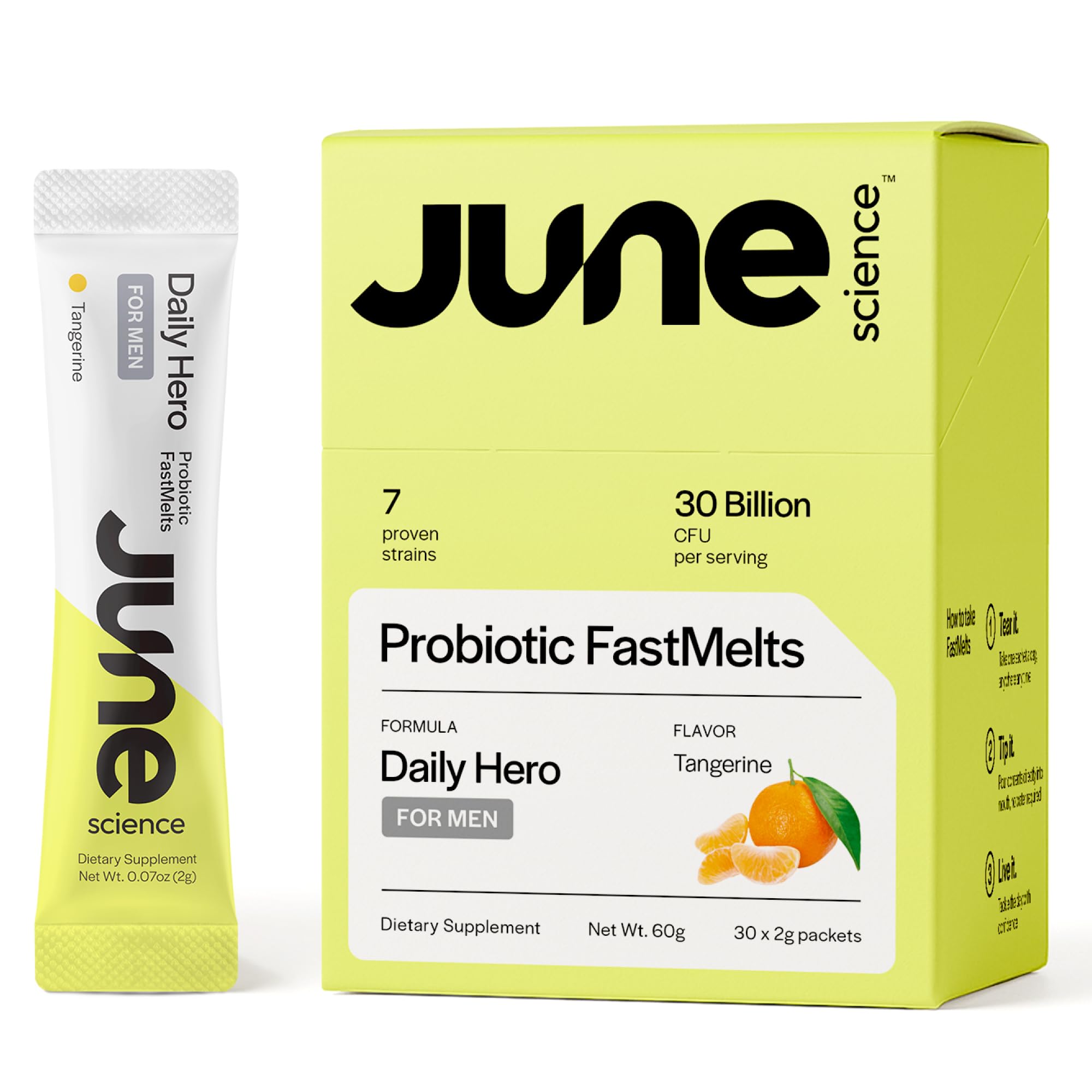 June Science Daily Hero tangerine sachets ready for quick gut support on the go.