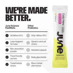 June Science Daily Hero box of sachets conveys portability and routine-friendly health support.