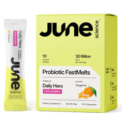 June Science Daily Hero for Women sachets package highlights tangerine flavor and daily digestive support.