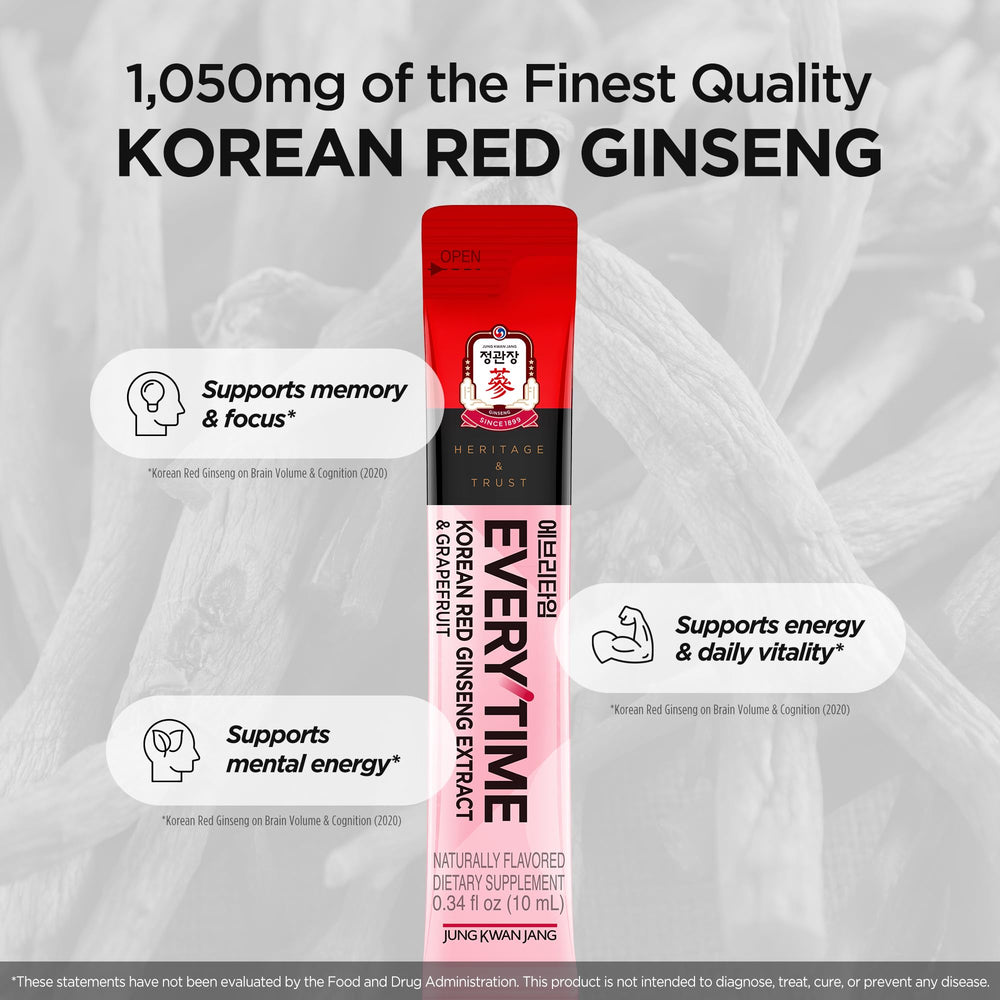Caffeine-free vegan ingredients label on JungKwanJang Everytime bottle.