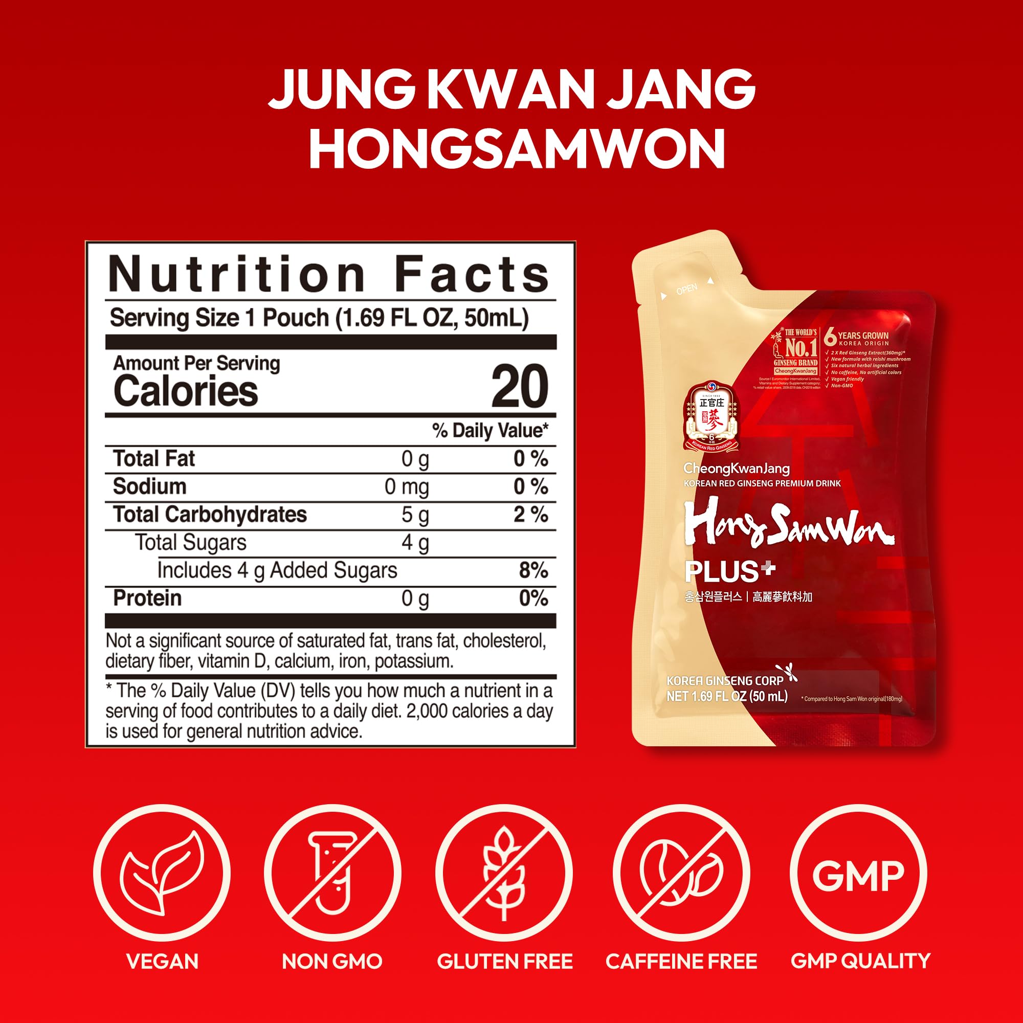 JUNG KWAN JANG HongSamWon Plus gluten-free badge with plant based ingredients