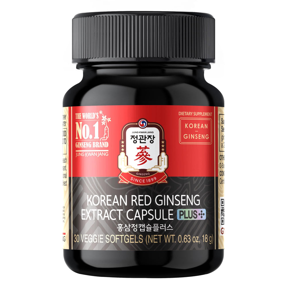 Jung Kwan Jang Korean Red Ginseng Extract Capsule bottle showcases convenient daily energy support.