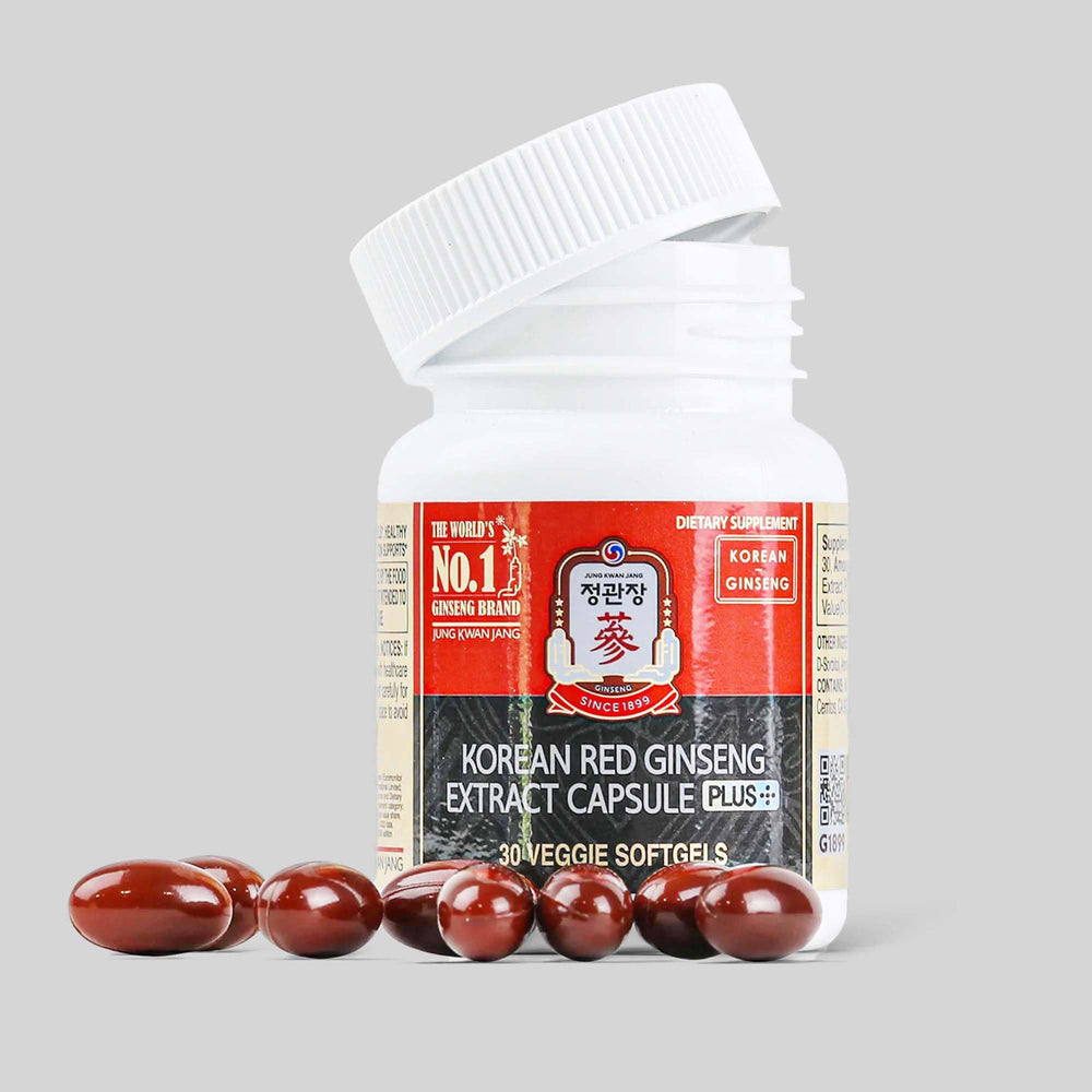 Jung Kwan Jang Korean Red Ginseng capsule close-up for heightened focus.