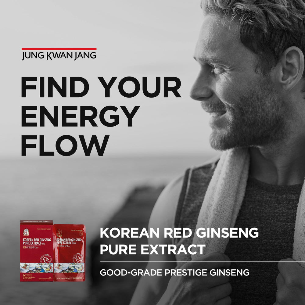 JungKwanJang Korean Red Ginseng packets dissolving in water for a smooth energy lift.