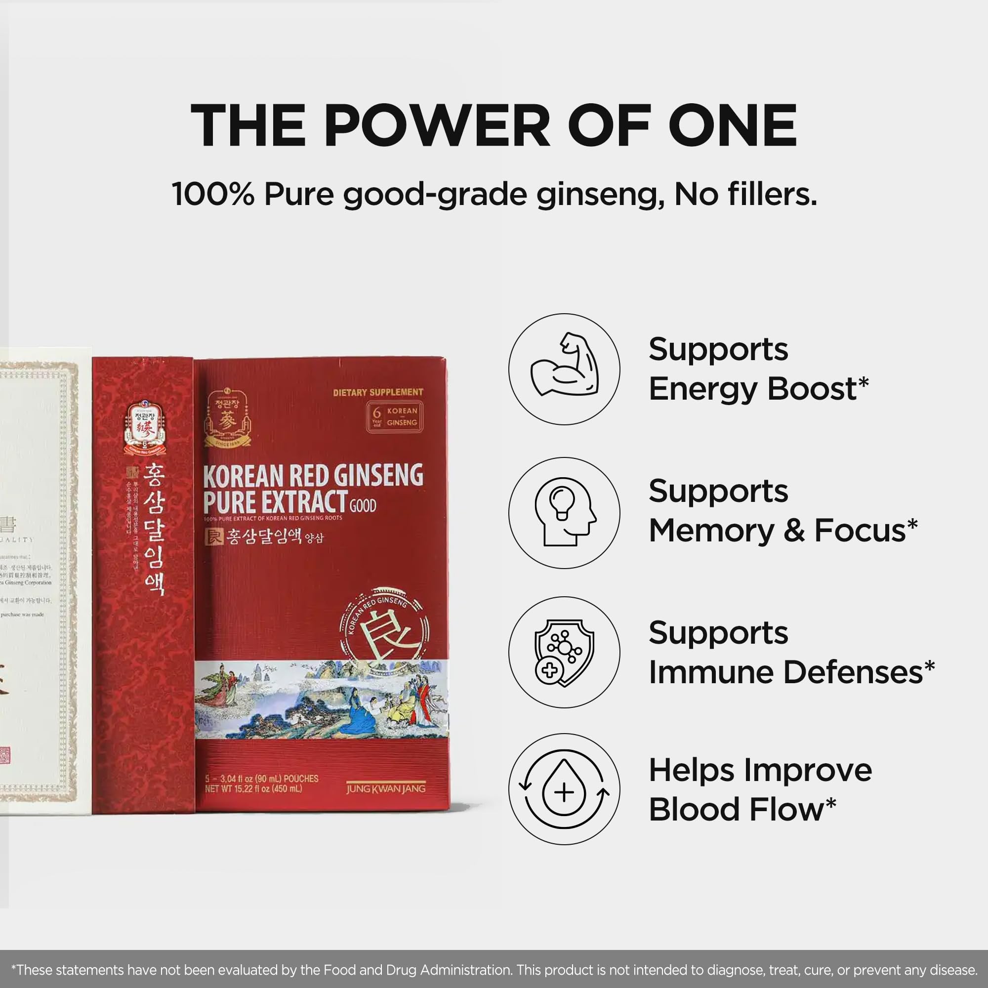 Premium-grade label on JungKwanJang Korean Red Ginseng packaging communicates quality.