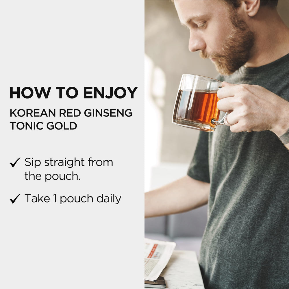 JungKwanJang Tonics Gold poured into a glass for daily energy ritual