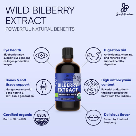 Jungle Powders bilberry liquid drops show fast-absorbing, alcohol-free formulation.