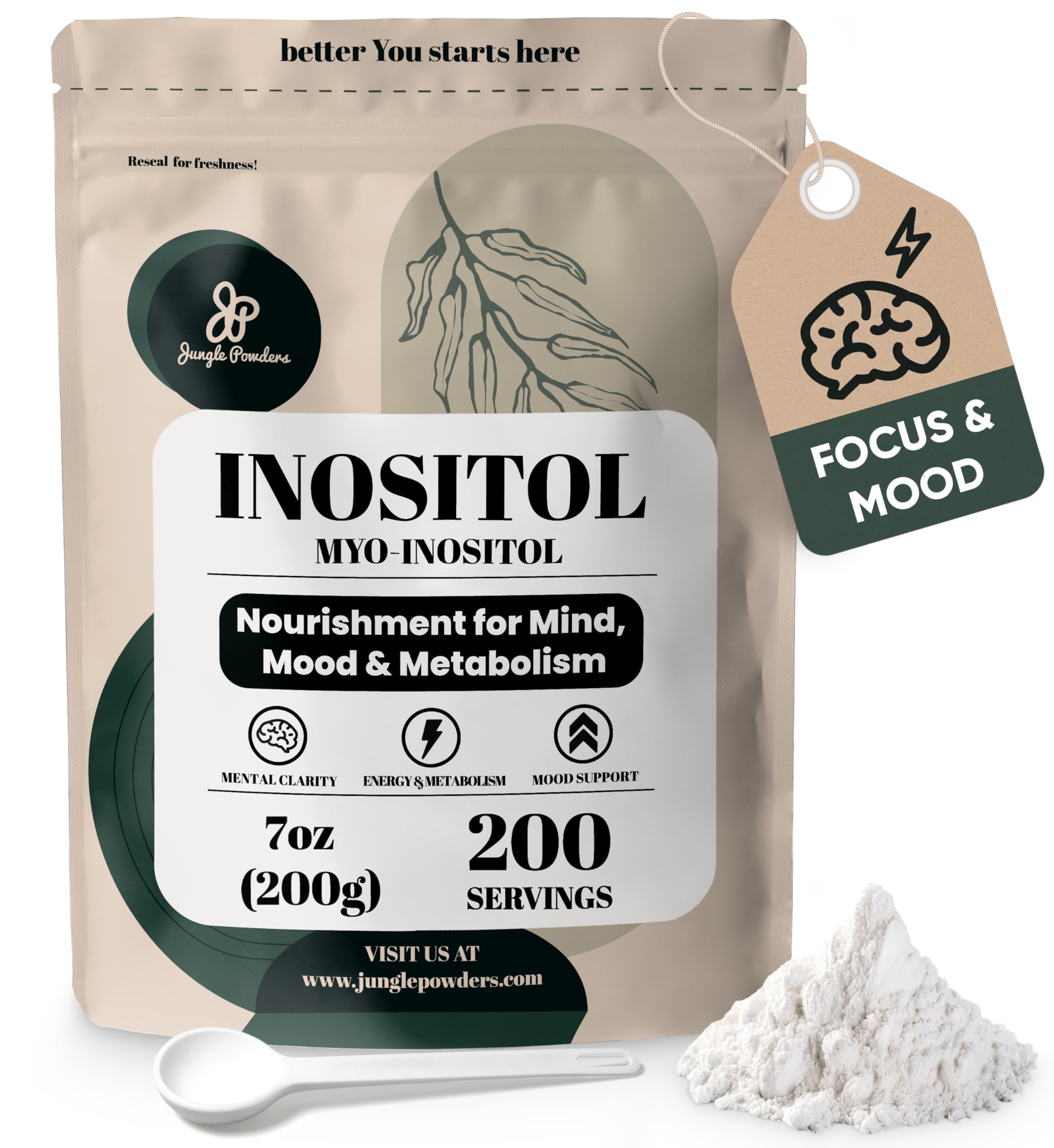 Jungle Powders Inositol powder bag shown, ready for daily use in a clean routine