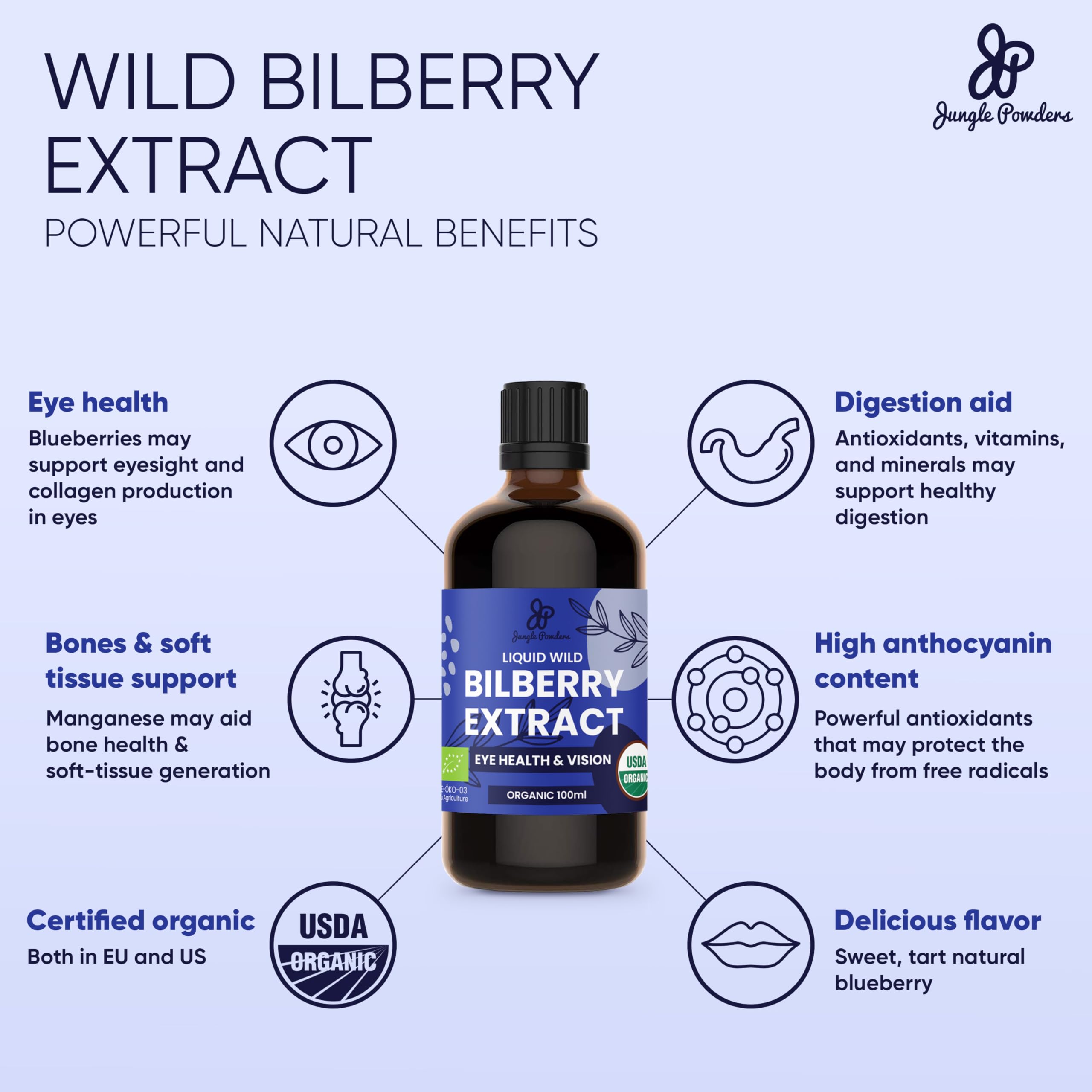 Jungle Powders Organic bilberries label emphasizes purity