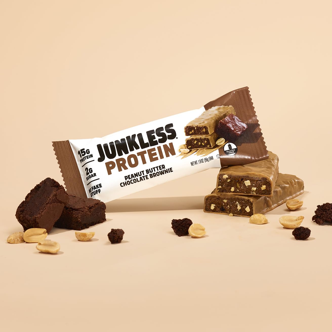 JUNKLESS packaging shown ready for on-the-go snacking.