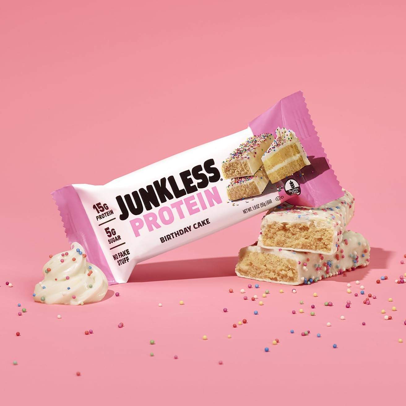Cross-section reveals moist, chewy interior of JUNKLESS Birthday Cake bar.