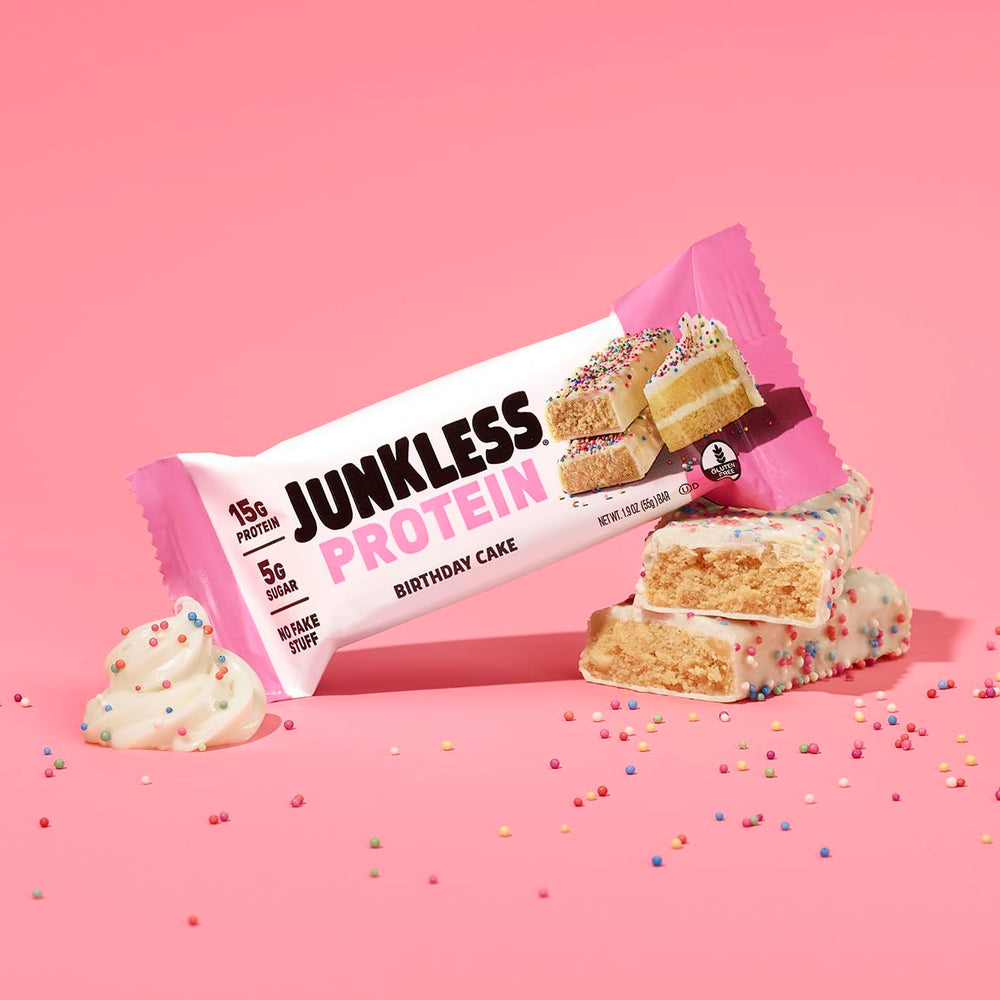 Cross-section reveals moist, chewy interior of JUNKLESS Birthday Cake bar.