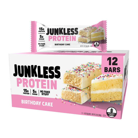 JUNKLESS Birthday Cake protein bar packaging highlights clean ingredients for a quick energy boost.
