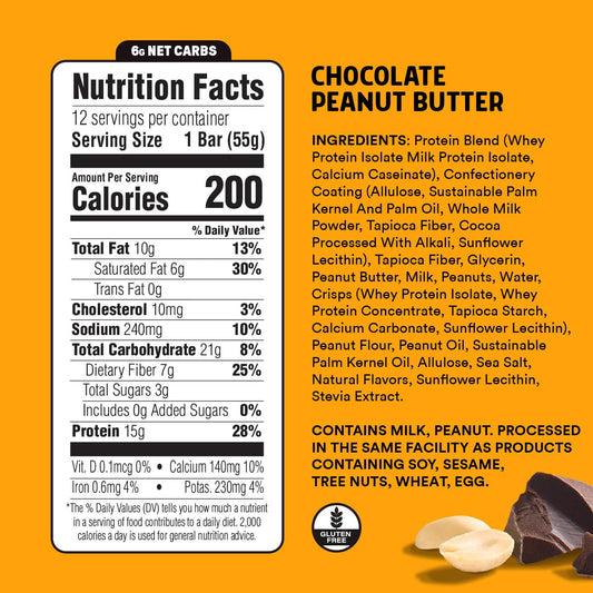JUNKLESS Chocolate Peanut Butter bar close-up highlighting glossy coating and rich texture.