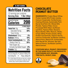 JUNKLESS Chocolate Peanut Butter bar close-up highlighting glossy coating and rich texture.