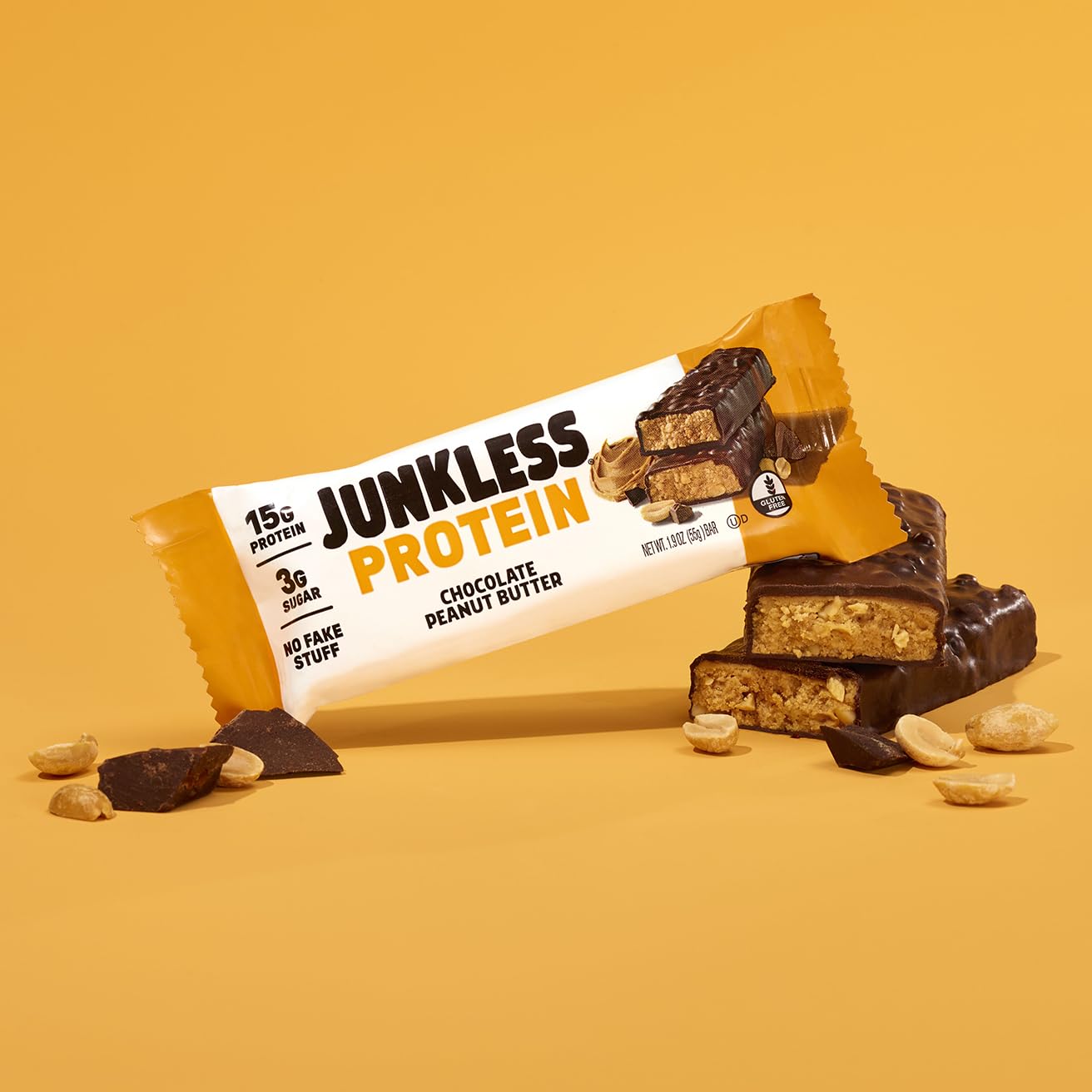 JUNKLESS gluten-free symbol with bar image emphasizes allergen-friendly snack.